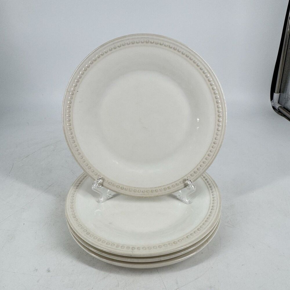 Pier 1 White Salad Plates 8 1/2” Set of 4 Beaded Rim BPA Free Dishwasher Safe